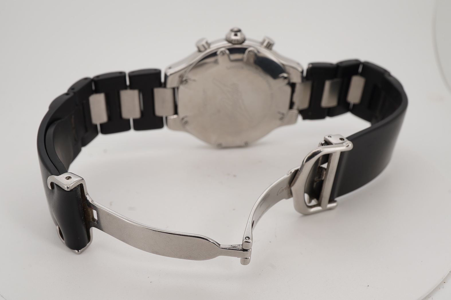 A gentleman's stainless steel Cartier 21 Chronoscaph wrist watch, the black face with three subsidiary dials, date aperture and baton numerals